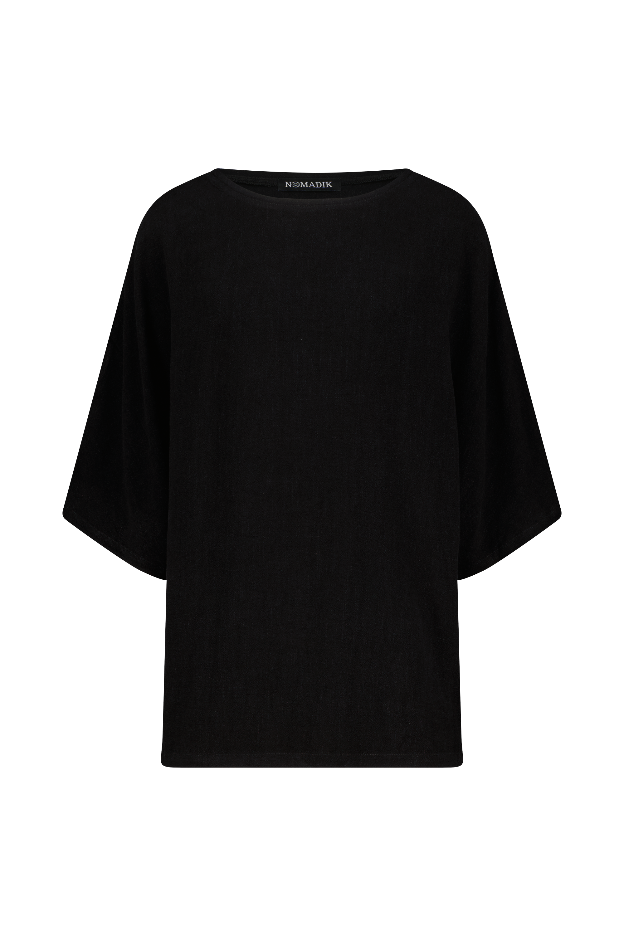  schwarzes Oversize Leinen T-Shirt von Nomadik, designed in Zurich. Luftig-leichter Stoff für Komfort und Bewegungsfreiheit an warmen Tagen.